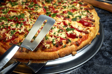 Pizza in a frying pan close-up