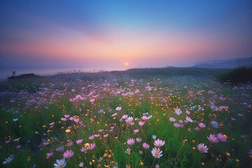 meadow of pink wildflowers in mountains at sunset