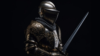 Knight in armor on a black background. Portrait of a medieval warrior.generative ai