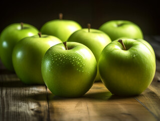 Freshly Harvested Granny Smith Apples on a wooden table