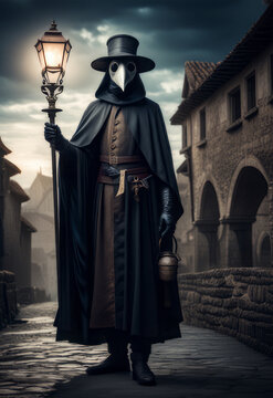 Man In A Black Cloak And Mask Walking On The Street At Night. Plague Doctor