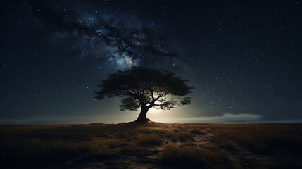 Naklejka na ściany i meble Fantasy landscape with big tree and starry sky.generative ai