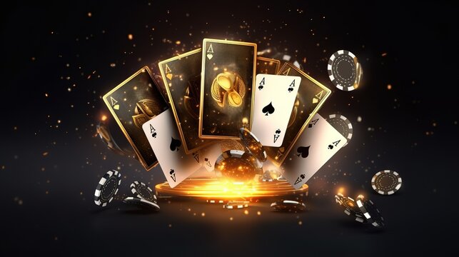 Creative poker template, background design with golden playing cards and poker chips on a dark background. Casino concept, gambling, header for the site. Copy space, 3D illustration, 3D render, ai