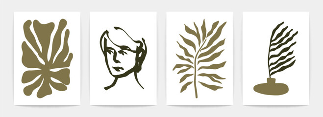 Fototapeta na wymiar Contemporary posters. Modern Matisse inspired art, abstract algae plant vase face, minimal interior decor. Vector set