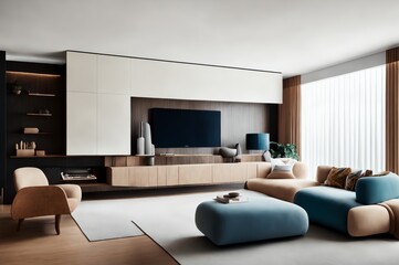 luxurious living room interior with elegant furniture, sofa, and television set in a modern home, generative ai