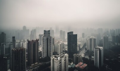 a very tall city with lots of tall buildings in the fog.  generative ai