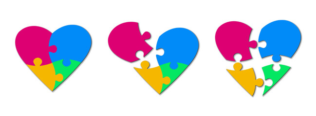 Set of multicolored heart shaped puzzle pieces. Puzzle jigsaw on white background. Symbol of Valentine's Day. Symbolic pieces of the autism puzzle. Vector illustration