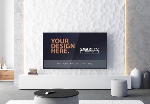 Smart Tv Mockup hanging on wall above commode in living room