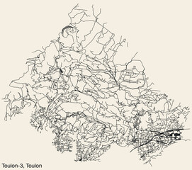 Detailed hand-drawn navigational urban street roads map of the TOULON-3 CANTON of the French city of TOULON, France with vivid road lines and name tag on solid background