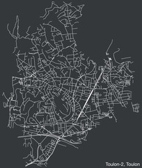 Detailed hand-drawn navigational urban street roads map of the TOULON-2 CANTON of the French city of TOULON, France with vivid road lines and name tag on solid background
