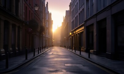  a city street with buildings on both sides and a street light on the other side.  generative ai