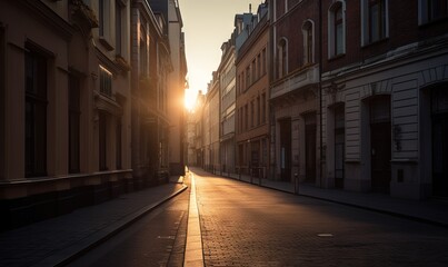 the sun is setting on a city street with buildings on both sides.  generative ai