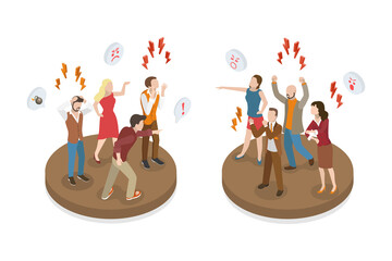 3D Isometric Flat  Conceptual Illustration of Angry Characters