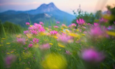  a field of wildflowers with a mountain in the background.  generative ai