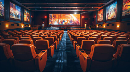 Naklejka premium Empty cinema auditorium with rows of orange seats.generative ai