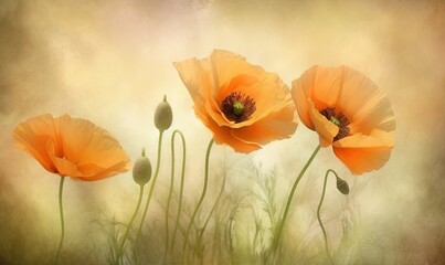 Naklejka premium three orange flowers are in the middle of a field of grass. generative ai