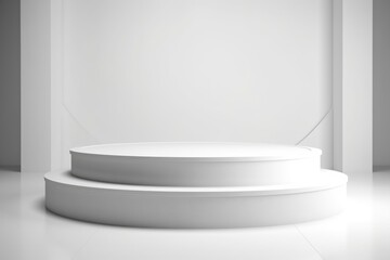 White empty round podium on a white background. Minimalistic background for cosmetics and accessories. Generative AI
