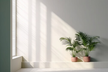 Minimalist interior design with shadows and sunlight. Composition of plants in pot. Generative AI