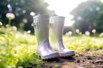 Foto op Aluminium A pair of shiny rubber boots, in the vegetable garden. Generative AI © barmaleeva