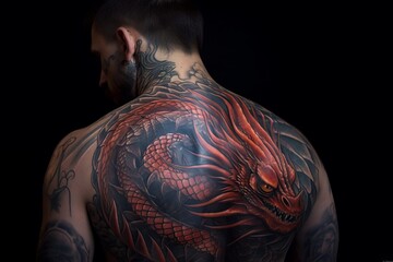 Dragon Tattoo art on the back of a person, Created with generative AI tools