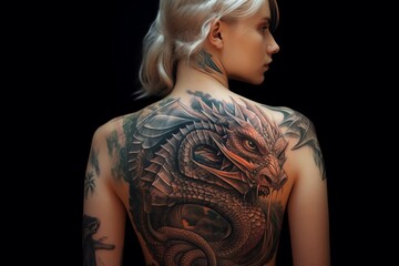 Dragon Tattoo art on the back of a person, Created with generative AI tools