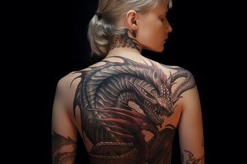 Dragon Tattoo art on the back of a person, Created with generative AI tools