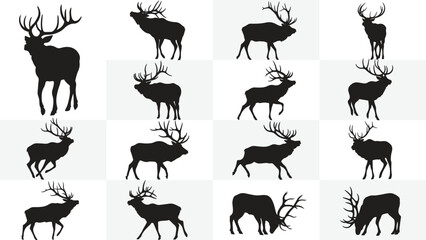 Elk Silhouettes Collection, Highly Detailed Lion Silhouettes Stock Illustration, set vector