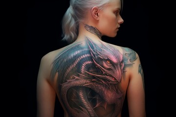Dragon Tattoo art on the back of a person, Created with generative AI tools