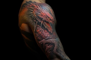 Dragon Tattoo art on arm with great colors, Created with generative AI tools