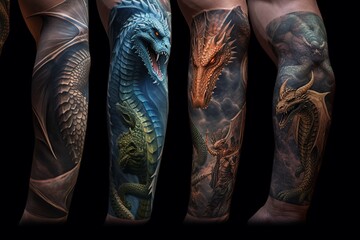 Dragon Tattoo art on arm with great colors, Created with generative AI tools