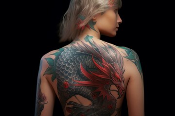 Dragon Tattoo art on the back of a person, Created with generative AI tools