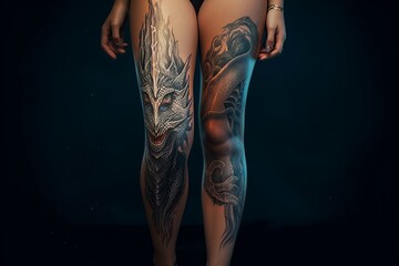 Dragon Tattoo art on female legs on a simple background, Created with generative AI tools