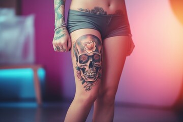 Skull Tattoo art on female legs on a simple background, Created with generative AI tools