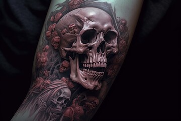Skull Tattoo art that comes to life on an arm, Created with generative AI tools