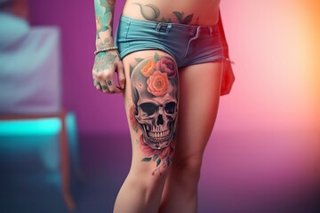 Skull Tattoo art on female legs on a simple background, Created with generative AI tools