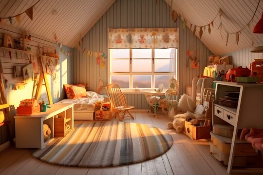 stock photo of nursery room in kids room at home evening AI Generated