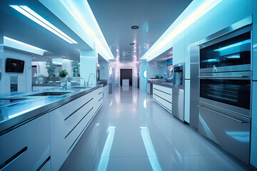 A long kitchen with stainless steel appliances and white cabinets. Generative AI.