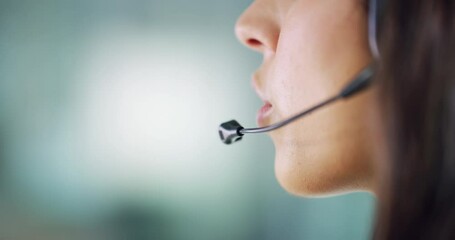 Call center closeup, microphone and talking woman with help, advice and communication. Contact, mockup space and mouth of customer care agent speaking into a headset mic for support and telemarketing - Powered by Adobe