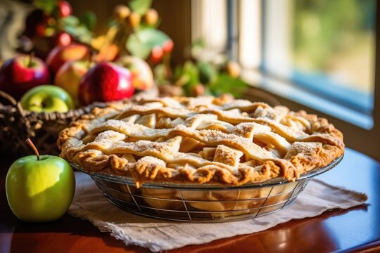 Amazing Apple Pie cooling by the window with apples in background. AI Generated