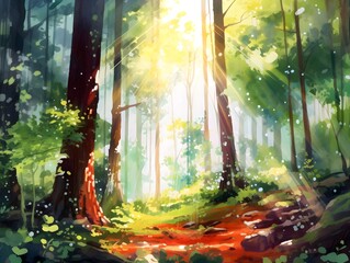 Watercolor forest illustration, highly detailed in a cartoon style