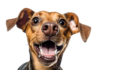 Funny puppy dog. Cute happy playful dog or pet isolated on white background. Cute, happy, crazy dog headshot smiling on white background with copy space.	