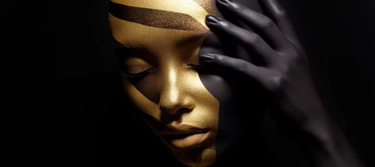 Fashion art. Beauty woman painted in black skin color body, gold makeup, lips, eyelids in gold color paint. Body art. Beauty gold metallic body, painted Skin. with copy space, digital ai  © Viks_jin
