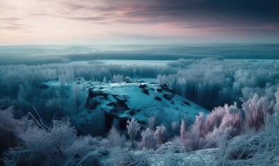  a snowy landscape with a mountain in the distance and trees in the foreground.  generative ai