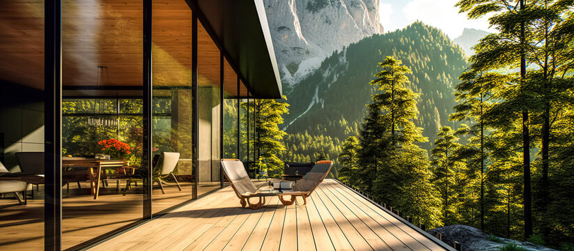 Modern exterior of a luxury villa in a minimal style. Glass house in the mountains.  Magnificent mountain views from the veranda of a modern villa. Luxury glamping. digital