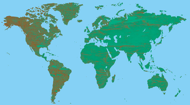 map of the world with land masses represented by peeling green paint
