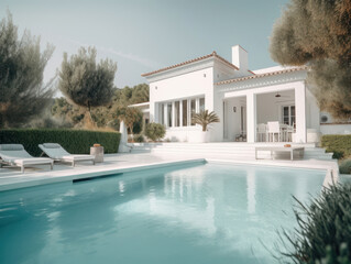 Exterior of luxury Holiday Villa with blue sky and beautiful swimming pool. AI generative