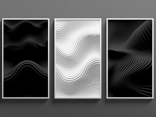 Set of elegant minimal abstract dynamic black and white wavy terrain cover. interior decoration. AI generative