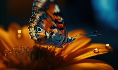  a close up of a butterfly on a flower with water droplets.  generative ai