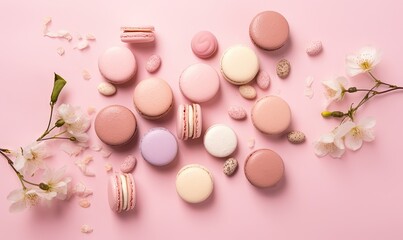 Obraz na płótnie Canvas macaroons, macaroons and flowers on a pink background. generative ai