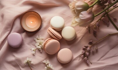  macaroons, a candle, and flowers on a pink sheet.  generative ai